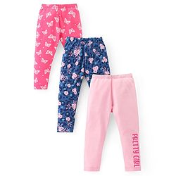 Babyhug Cotton Lycra Knit Full Length Stretchable Leggings with Floral & Butterfly Print Pack of 3 - Multicolour