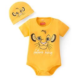 Babyhug Disney Interlock Cotton Knit Half Sleeves Onesie with Lion King Graphic & Cap - Yellow