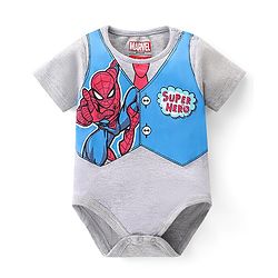 Babyhug Marvel Interlock Knit Half Sleeves Onesie With Spider Man Print - Grey
