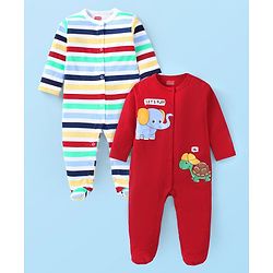 Babyhug Cotton Knit Full Sleeves Sleep Suits With Stripes Design & Animals Print Pack Of 2 - White & Red