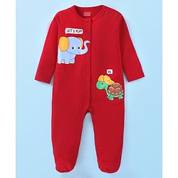 Babyhug Cotton Knit Full Sleeves Sleep Suits With Stripes Design & Animals Print Pack Of 2 - White & Red