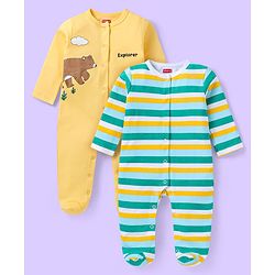 Babyhug Cotton Knit Full Sleeves Striped & Bear Printed Sleep Suits Pack of 2 - Yellow & Green