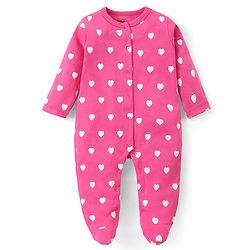 Babyhug Cotton Knit Full Sleeves Sleep Suit With Hearts Print - Pink