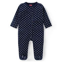 Babyhug Cotton Knit Full Sleeves Sleep Suit With Polka Dots Print - Navy