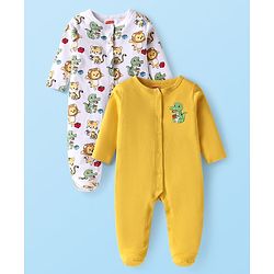 Babyhug Cotton Knit Full Sleeves  Animal Printed Sleep Suits Pack of 2 - Yellow & White