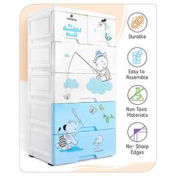 Babyhug 5 Layers High Density Plastic Storage Cabinet Teddy Print With Wheels - White