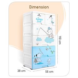 Babyhug 5 Layers High Density Plastic Storage Cabinet Teddy Print With Wheels - White