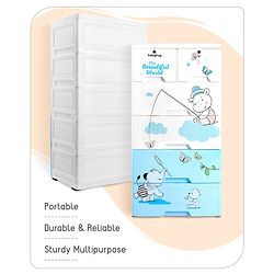 Babyhug 5 Layers High Density Plastic Storage Cabinet Teddy Print With Wheels - White