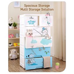 Babyhug 5 Layers High Density Plastic Storage Cabinet Teddy Print With Wheels - White
