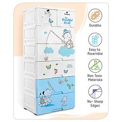 Babyhug 6 Layers High Density Plastic Storage Cabinet Teddy Print With Wheels - White