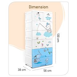 Babyhug 6 Layers High Density Plastic Storage Cabinet Teddy Print With Wheels - White