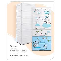 Babyhug 6 Layers High Density Plastic Storage Cabinet Teddy Print With Wheels - White