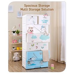Babyhug 6 Layers High Density Plastic Storage Cabinet Teddy Print With Wheels - White