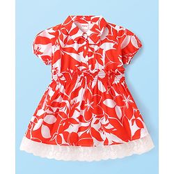 Babyhug Poplin Woven Half Sleeves Shirt Dress with Smoked & Lace Detailing Floral Print - Red & White