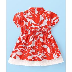 Babyhug Poplin Woven Half Sleeves Shirt Dress with Smoked & Lace Detailing Floral Print - Red & White