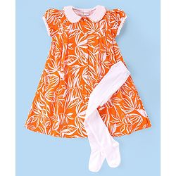 Babyhug Cambric Woven Puffed Sleeves A Line Frock with Peter Pan Collar Leaf Print - Orange