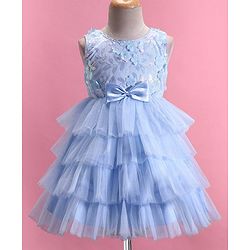 Babyhug Woven Sleeveless Layered  Party Frock with Sequin & Floral Detailing Bow Applique - Blue