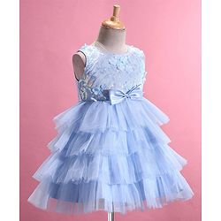 Babyhug Woven Sleeveless Layered  Party Frock with Sequin & Floral Detailing Bow Applique - Blue