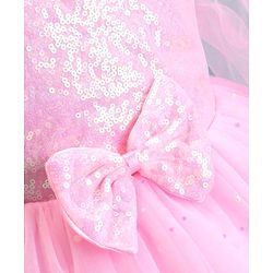 Babyhug  Woven Full Sleeves Shimmered Party Frock with Embellished Yoke & Sequin Detailing Bow Applique - Pink