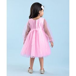 Babyhug  Woven Full Sleeves Shimmered Party Frock with Embellished Yoke & Sequin Detailing Bow Applique - Pink