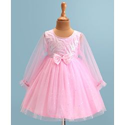 Babyhug  Woven Full Sleeves Shimmered Party Frock with Embellished Yoke & Sequin Detailing Bow Applique - Pink