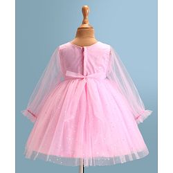 Babyhug  Woven Full Sleeves Shimmered Party Frock with Embellished Yoke & Sequin Detailing Bow Applique - Pink