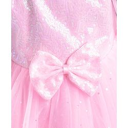 Babyhug  Woven Full Sleeves Shimmered Party Frock with Embellished Yoke & Sequin Detailing Bow Applique - Pink