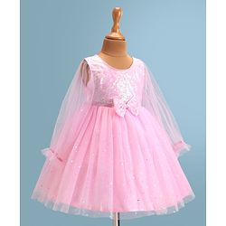 Babyhug  Woven Full Sleeves Shimmered Party Frock with Embellished Yoke & Sequin Detailing Bow Applique - Pink
