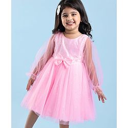 Babyhug  Woven Full Sleeves Shimmered Party Frock with Embellished Yoke & Sequin Detailing Bow Applique - Pink