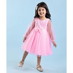 Babyhug  Woven Full Sleeves Shimmered Party Frock with Embellished Yoke & Sequin Detailing Bow Applique - Pink