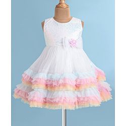 Babyhug Woven Sleeveless Fit and Flare Sequinned Mesh Party Frock with Frill Details At Hem -Multicolor