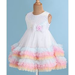 Babyhug Woven Sleeveless Fit and Flare Sequinned Mesh Party Frock with Frill Details At Hem -Multicolor