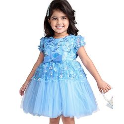 Babyhug Woven Half Puffed Sleeves Fit & Flared Sequined Party Frock with Floral Applique - Blue