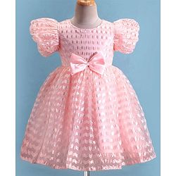 Babyhug Woven Puffed Half Sleeves Fit & Flared Embroidered Party Frock with Bow Applique - Peach