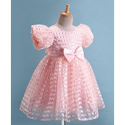 Babyhug Woven Puffed Half Sleeves Fit & Flared Embroidered Party Frock with Bow Applique - Peach