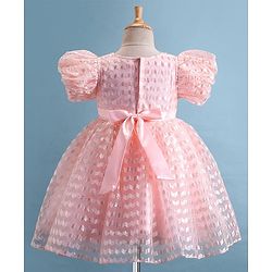 Babyhug Woven Puffed Half Sleeves Fit & Flared Embroidered Party Frock with Bow Applique - Peach