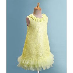 Babyhug Sleeveless A Line  Party Frock with Floral Corsage & Frill Detailing  - Yellow