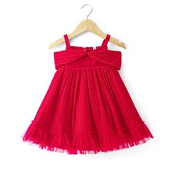 Babyhug Sleeveless Pleated Mesh A Liner Party Frock with Frill Detailing Solid Colour - Red