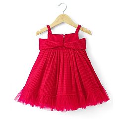 Babyhug Sleeveless Pleated Mesh A Liner Party Frock with Frill Detailing Solid Colour - Red