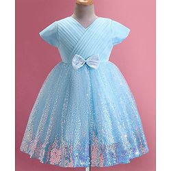 Babyhug Woven Half Sleeves Sequined Fit & Flared  Party Frock with Bow Detailing - Blue