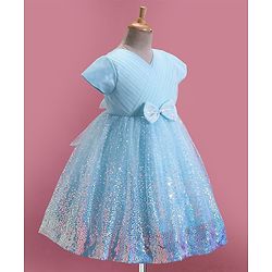 Babyhug Woven Half Sleeves Sequined Fit & Flared  Party Frock with Bow Detailing - Blue