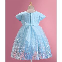 Babyhug Woven Half Sleeves Sequined Fit & Flared  Party Frock with Bow Detailing - Blue