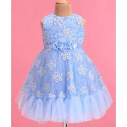 Babyhug Woven Sleeveless Fit & Flare Party Frock with Floral Embroidery & Applique  - Aqua Blue