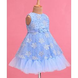 Babyhug Woven Sleeveless Fit & Flare Party Frock with Floral Embroidery & Applique  - Aqua Blue