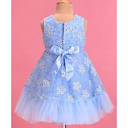 Babyhug Woven Sleeveless Fit & Flare Party Frock with Floral Embroidery & Applique  - Aqua Blue