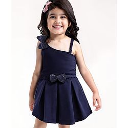 Babyhug Woven Sleeveless Party Assymetrical Top & Pleated Skirt with Bow Applique - Navy Blue