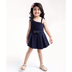 Babyhug Woven Sleeveless Party Assymetrical Top & Pleated Skirt with Bow Applique - Navy Blue