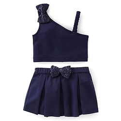 Babyhug Woven Sleeveless Party Assymetrical Top & Pleated Skirt with Bow Applique - Navy Blue