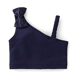 Babyhug Woven Sleeveless Party Assymetrical Top & Pleated Skirt with Bow Applique - Navy Blue