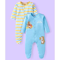 Babyhug Cotton Knit Full Sleeves Sleep Suits Striped & Bear Print Pack of 2 - Yellow & Blue